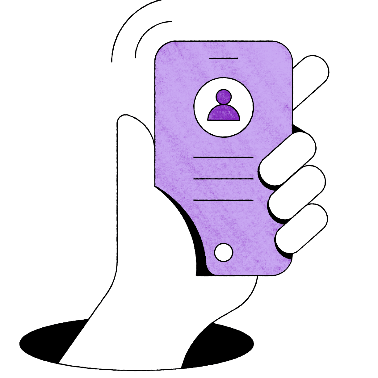 Ilustración de una mano que levanta y sujeta un teléfono móvil.
