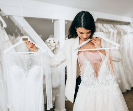 Bride-to-be selecting a wedding dress.