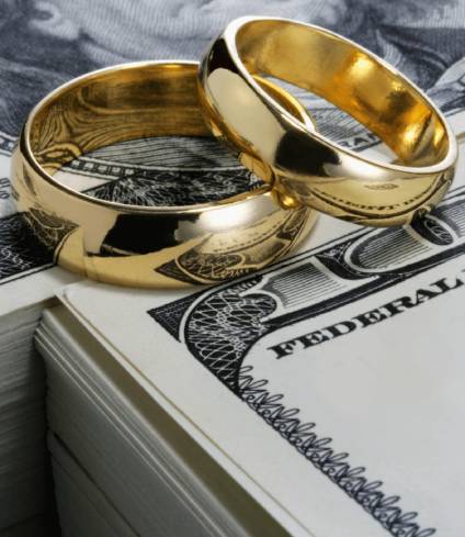 Gold wedding rings sitting on top of paper money.