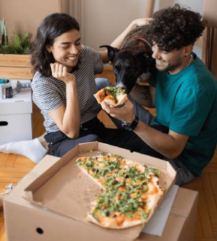 Renters eating pizza and feeding dog as the unpack boxes.