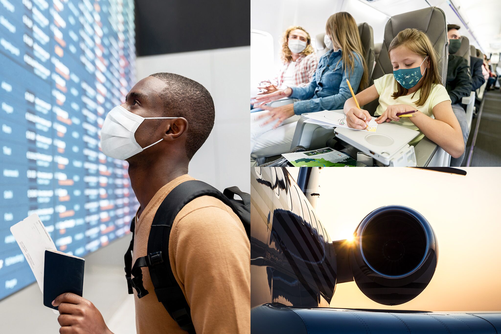 Collage of travelers on jet and in airport