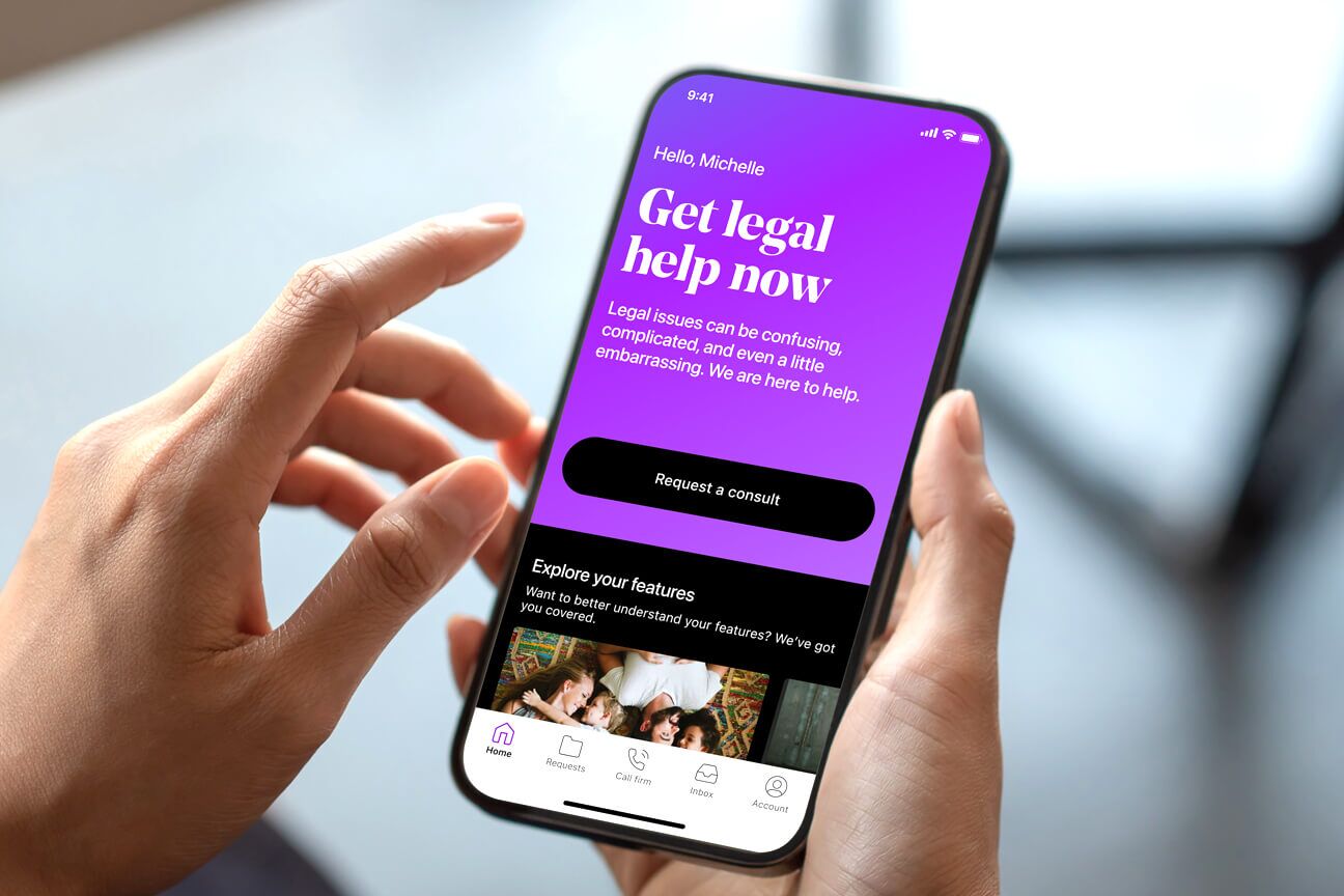 LegalShield app on phone. The screen reads Get legal help now