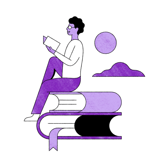 Illustration of a person reading a book while sitting on 2 oversized books.