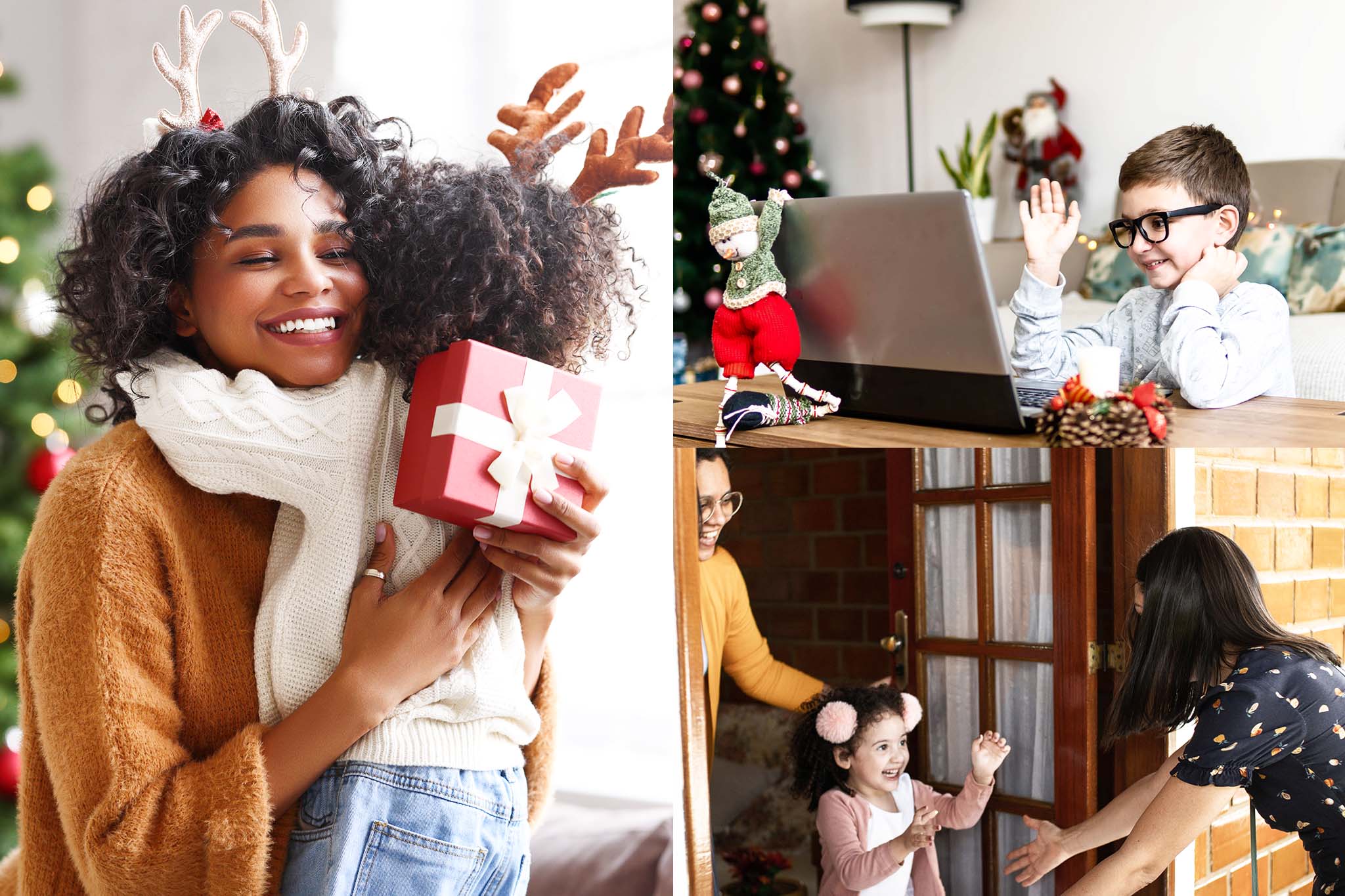 Collage of children greeting family members during the holidays