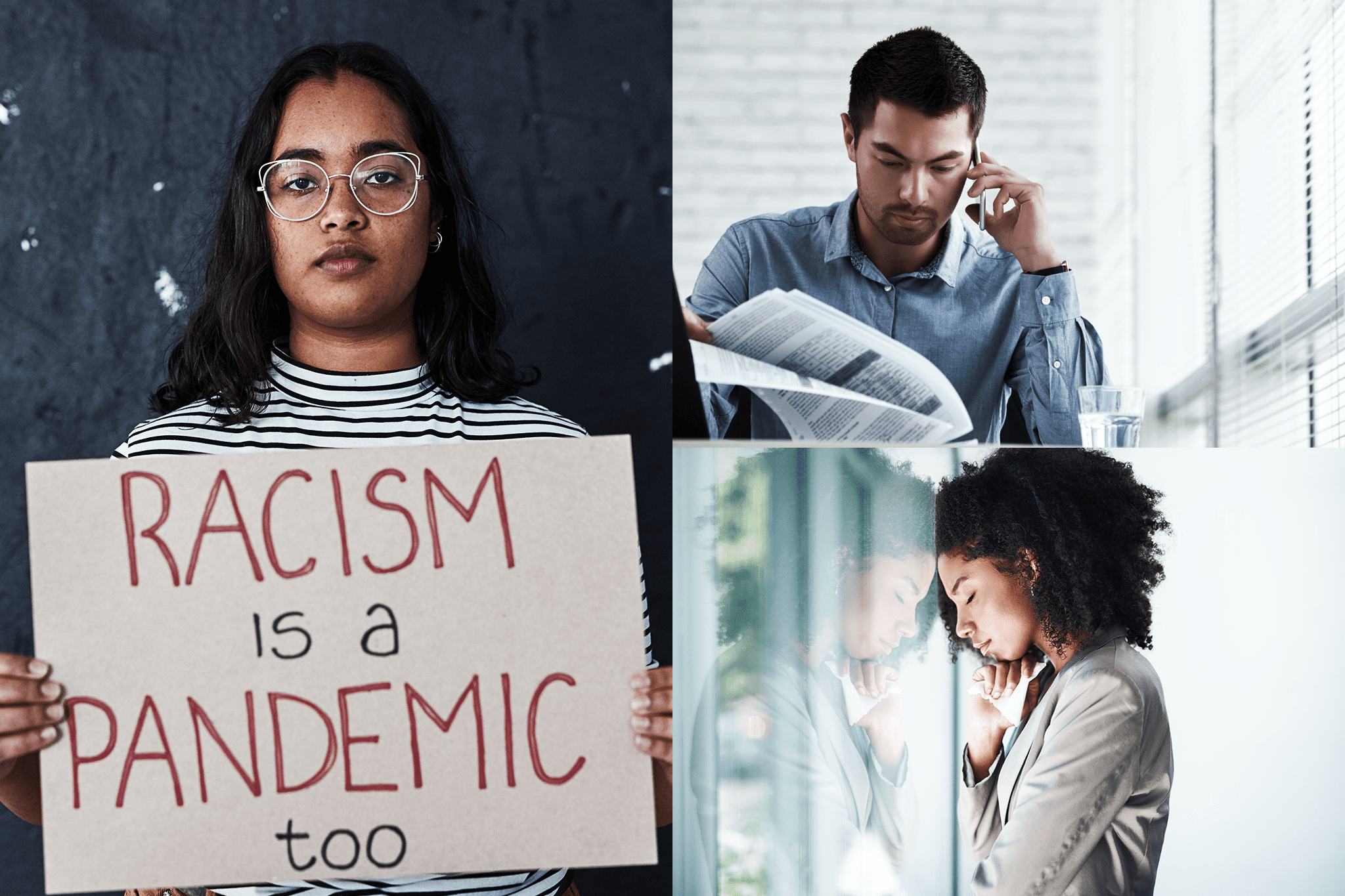 Workers dealing with workplace racism. Woman holding sign that reads, Racism is a pandemic too