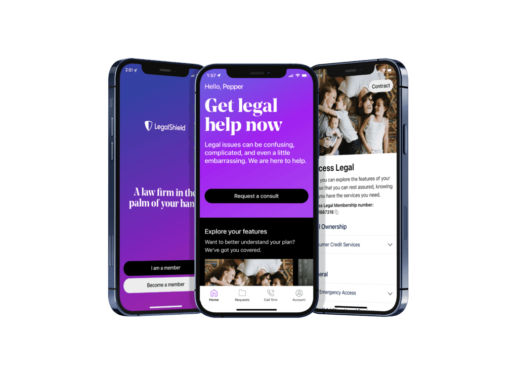 Phone screens showing the LegalShield mobile app