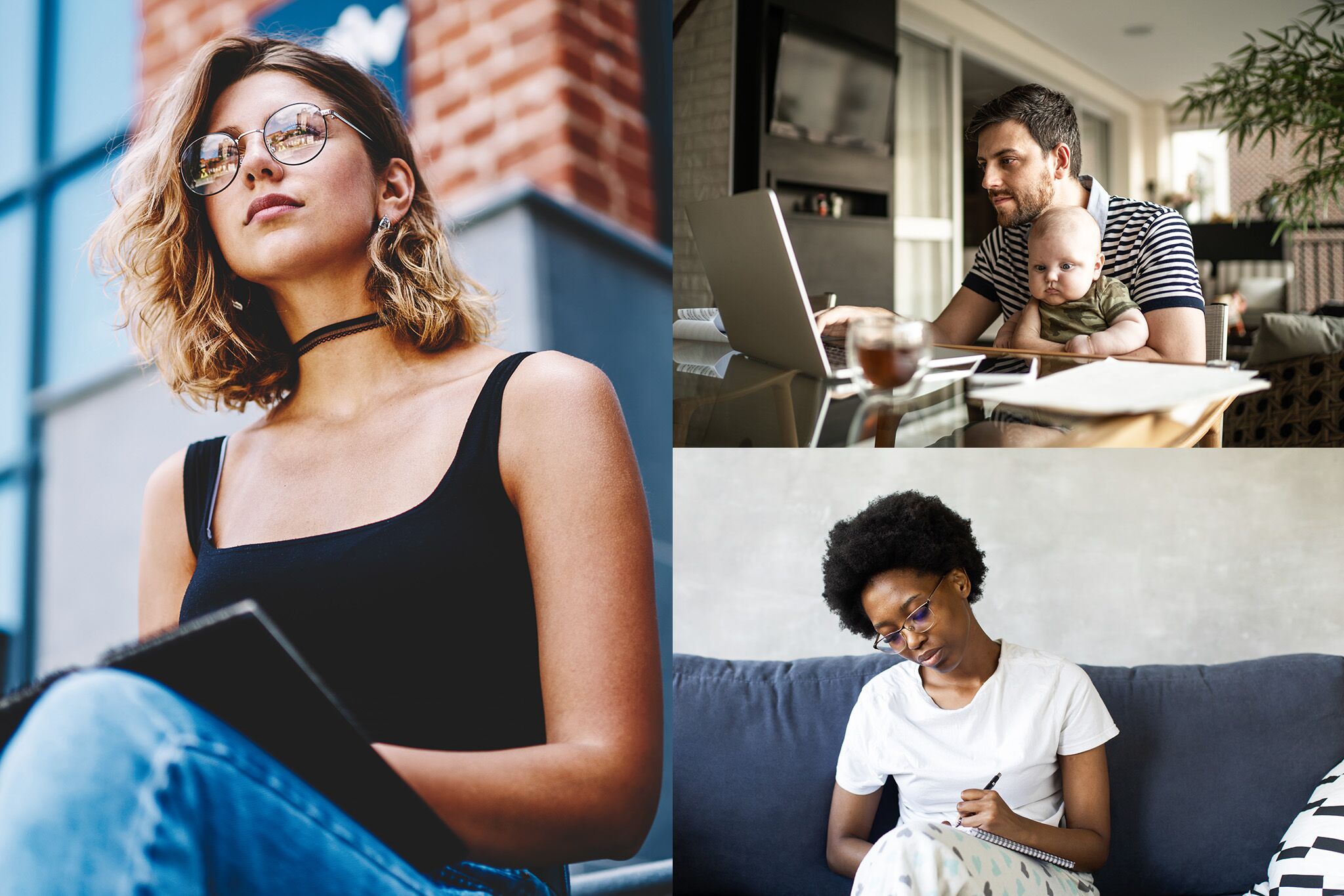 Collage showing millennial adults dealing with the stress of the pandemic