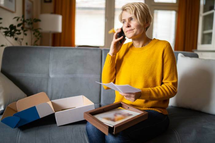 Disappointed woman holding a damaged picture frame while talking on the phone and looking at a packing slip.