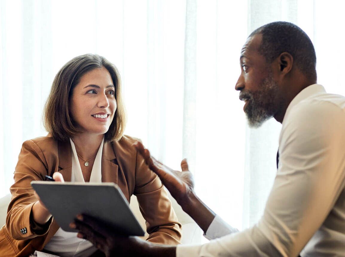 Woman and man talking.