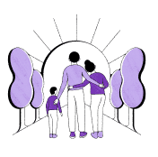 Illustration of a family of 3 embracing as they view a sunrise.