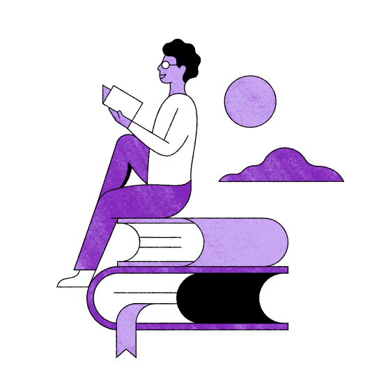 Illustration of a person sitting on 2 oversized books and reading a document.
