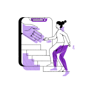 Illustration of a woman climbing stairs toward a large outstretched hand.