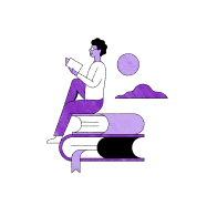 Ilustración de una persona leyendo un libro sentada sobre 2 libros de gran tamaño.