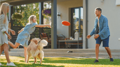   Father, dog & 2 teenage daughters playing Frisbee in their yard.
